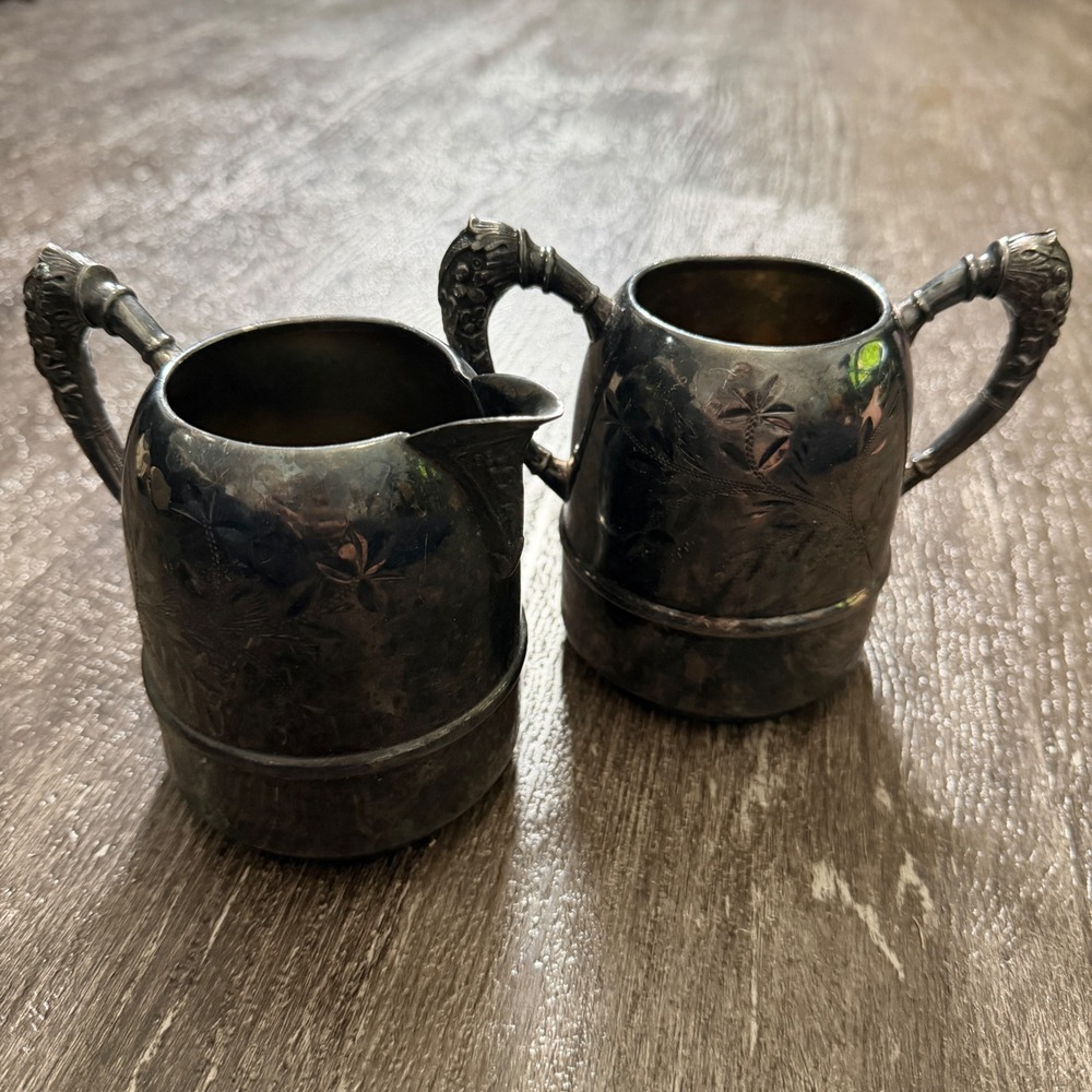 Vintage‎ Silver Plated Creamer and Sugar Bowl Set Ornate Handles Floral Etching